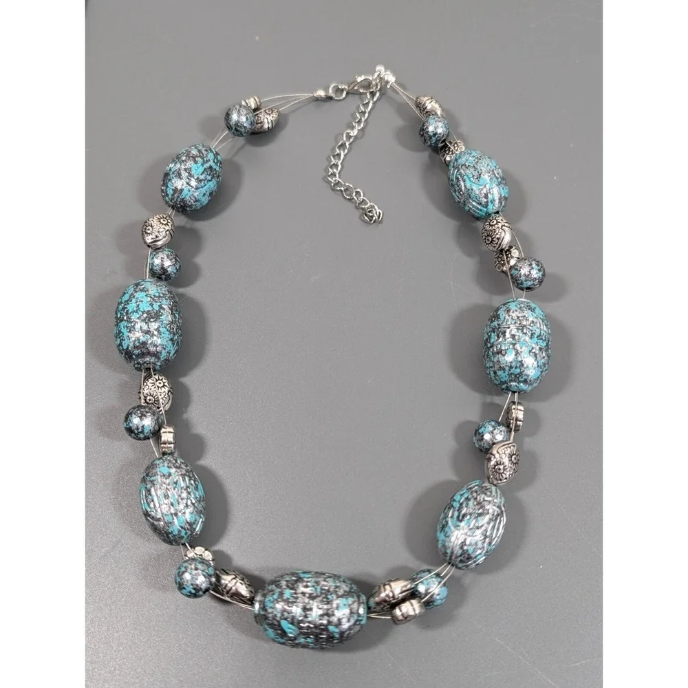 Retro Western Faux Patina Blue Silver tone Carved Style Bead Chunky Necklace 20